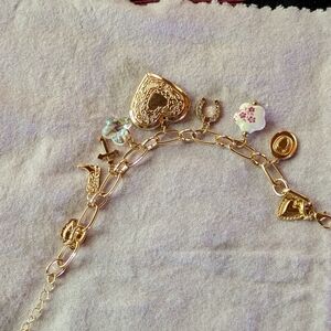 Gold Charm Bracelet with Heart and Floral Accents
